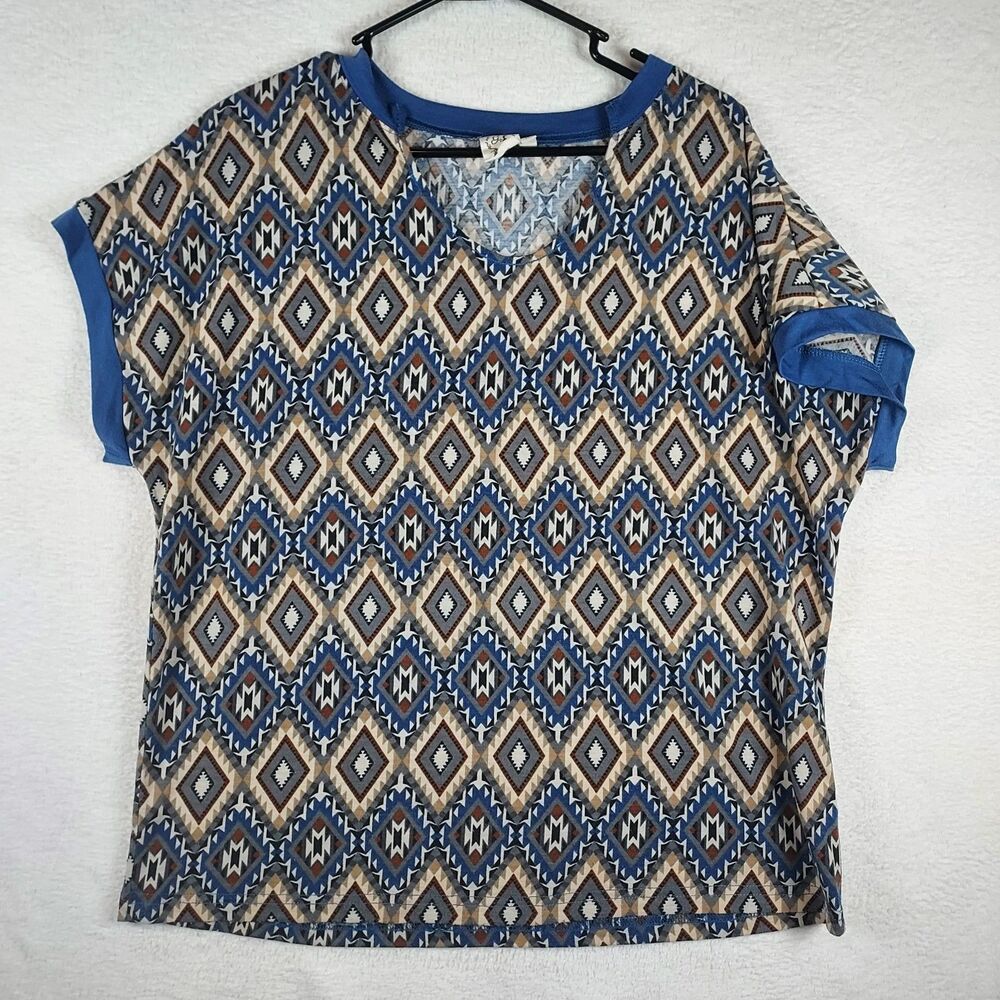 Grace & Emma M Boho Aztec Geometric Diamond Print Blouse Shirt Casual Top Blue